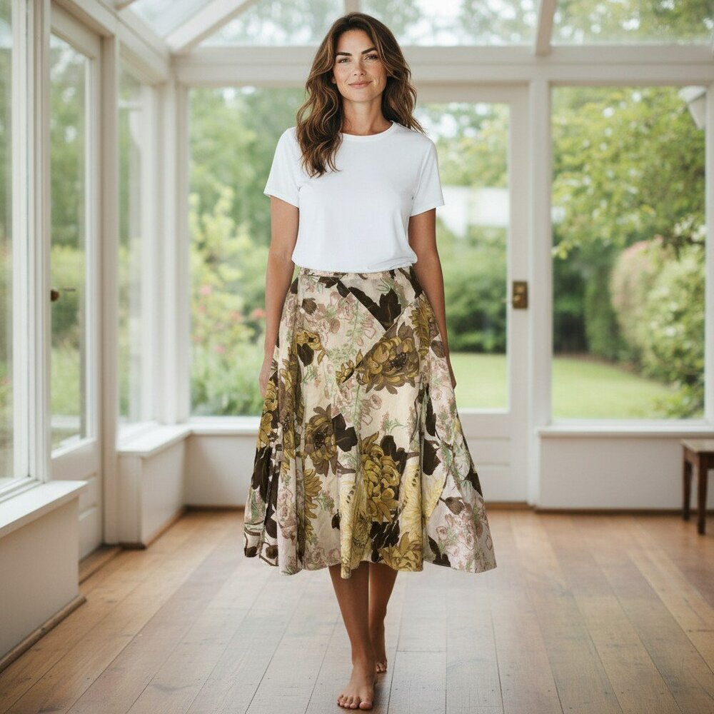 Bamboo Traders Womens Medium White Floral Cotton A-Lined Midi Casual Skirt M